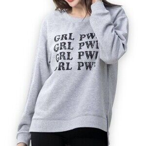 Green Tea Girl Power Heather Grey Oversized Longline Pullover Sweatshirt